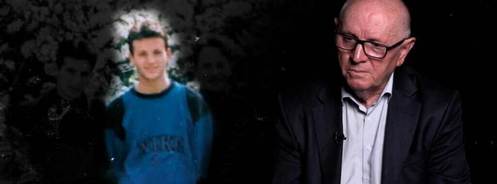 Rame Manaj (right) discusses the killing and disappearance of his son, Ylli Manaj (left), during the Kosovo war in April 1999. Photo: BIRN