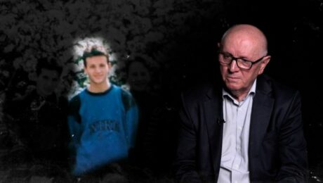 Rame Manaj (right) discusses the killing and disappearance of his son, Ylli Manaj (left), during the Kosovo war in April 1999. Photo: BIRN