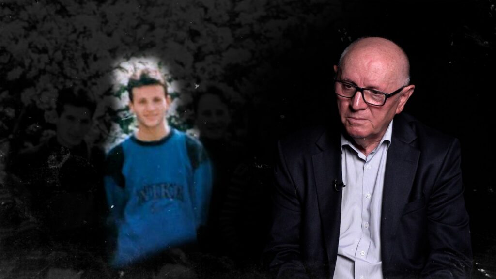 Rame Manaj (right) discusses the killing and disappearance of his son, Ylli Manaj (left), during the Kosovo war in April 1999. Photo: BIRN