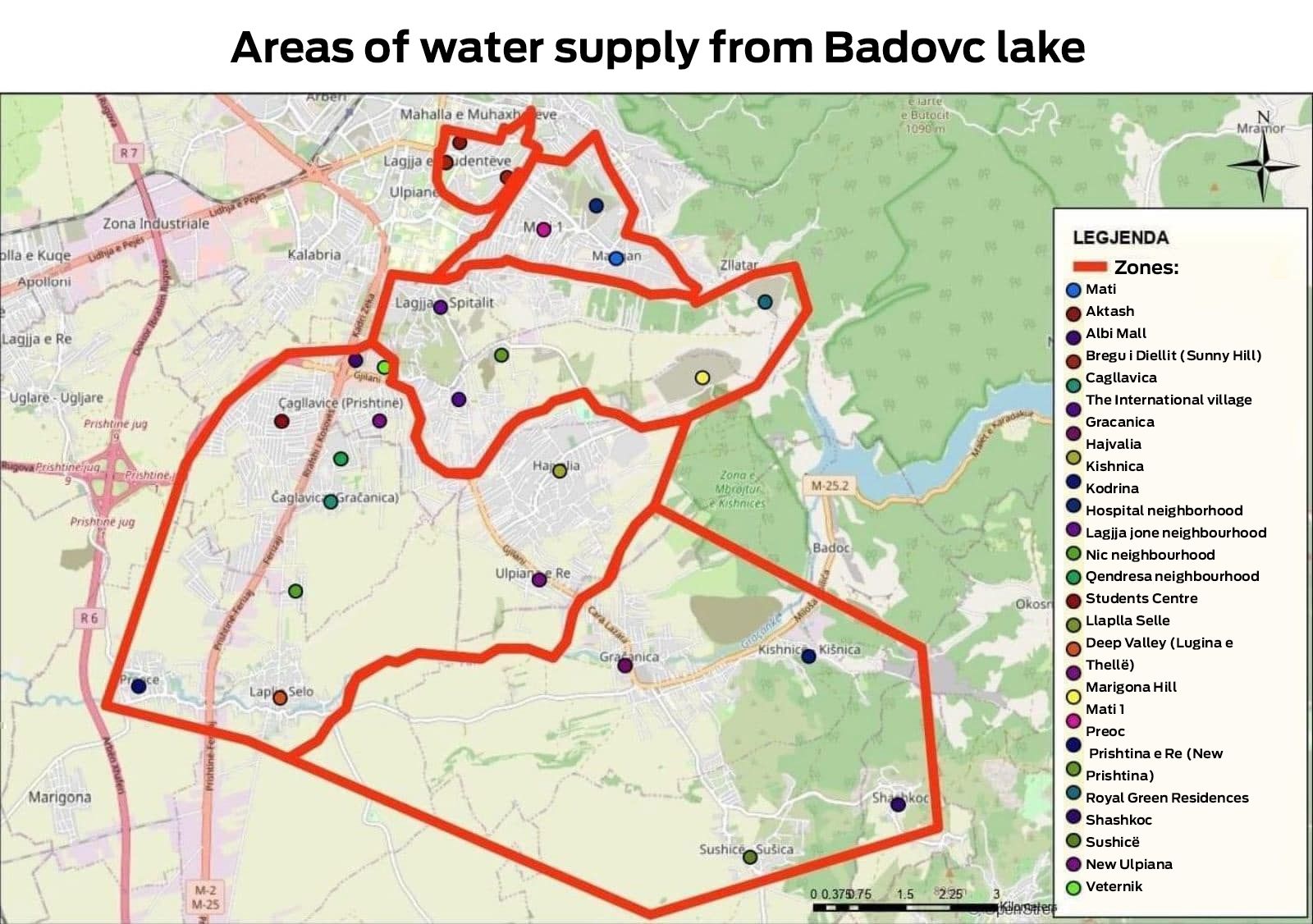 The map of the areas supplied with water by the Badovc lake. Photo: 'Prishtina' water supply company.