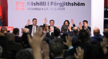 Glauk Konjufca (L) and Albin Kurti (R) at Vetevendosje's General Council meeting, November 4, 2025. Photo: Vetevendosje Movement/Facebook