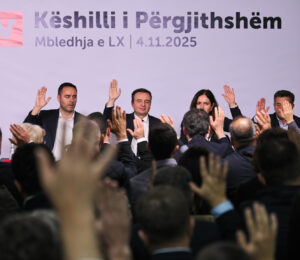 Glauk Konjufca (L) and Albin Kurti (R) at Vetevendosje's General Council meeting, November 4, 2025. Photo: Vetevendosje Movement/Facebook
