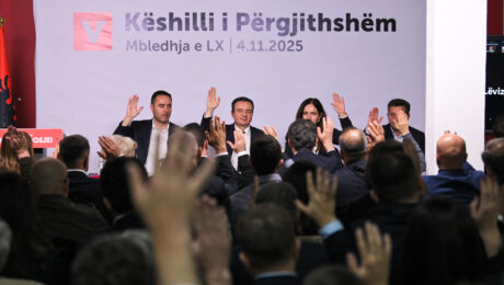 Glauk Konjufca (L) and Albin Kurti (R) at Vetevendosje's General Council meeting, November 4, 2025. Photo: Vetevendosje Movement/Facebook