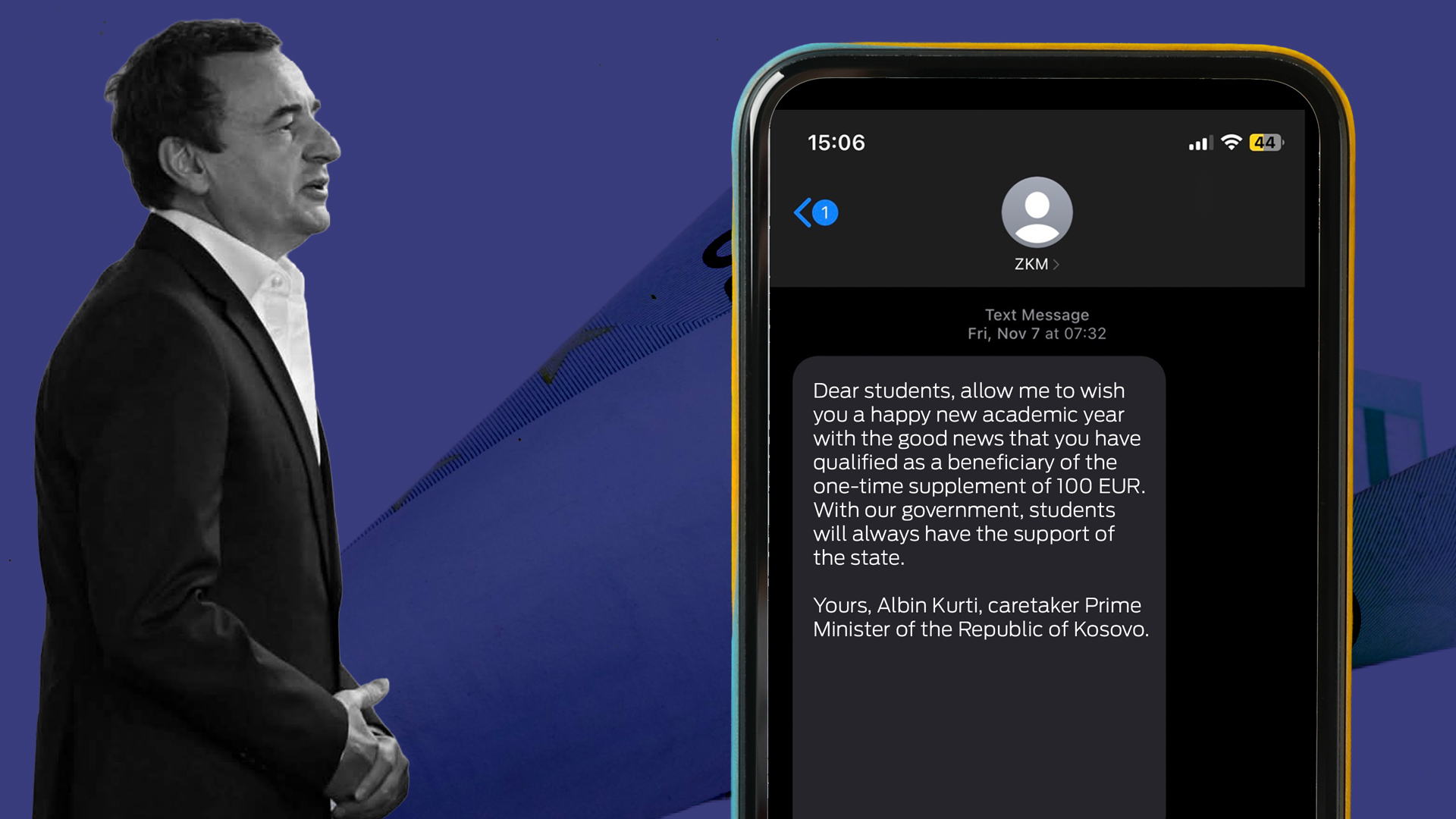 The translated text message by the Kosovo Prime Minister's Office, signed by Kosovo acting PM Albin Kurti, sent to Kosovo students. Illustration: Besnik Krivanjeva/BIRN