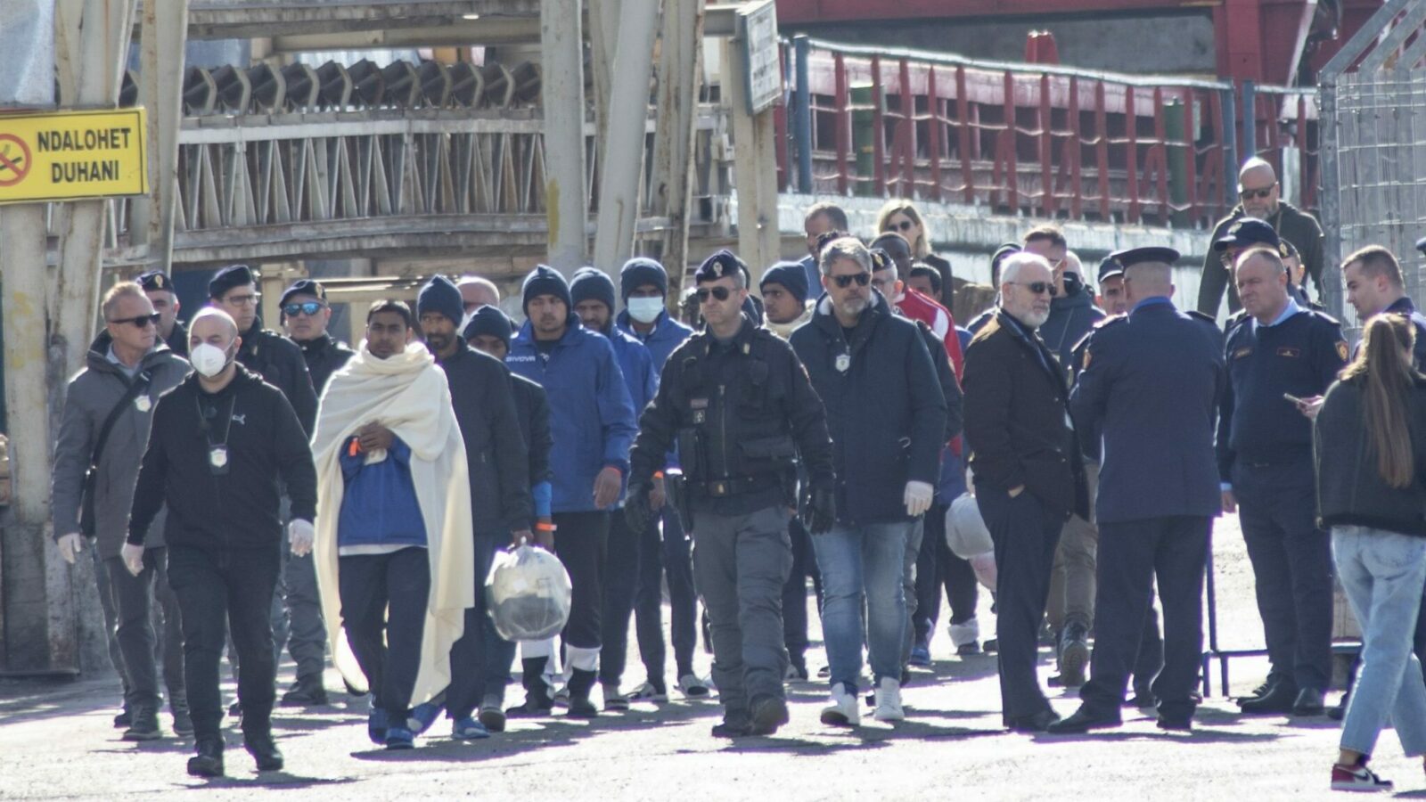 A group of migrants who were rescued in international waters south of Lampedusa in Italy arrive at the port of Shengjin, Albania, January 2025. Photo: BIRN/Nensi Bogdani
