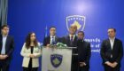 Kosovo presidential candidate Bekim Sejdiu (C) at a joint press conference with (L-R) Vetevendosje MP Hekuran Murati, former President Vjosa Osmani, LDK leader Lumir Adbixhiku, LDK MP Lutfi Haziri, and Vetevendosje leader Albin Kurti in Pristina on August 31, 2026. Photo: BIRN.
